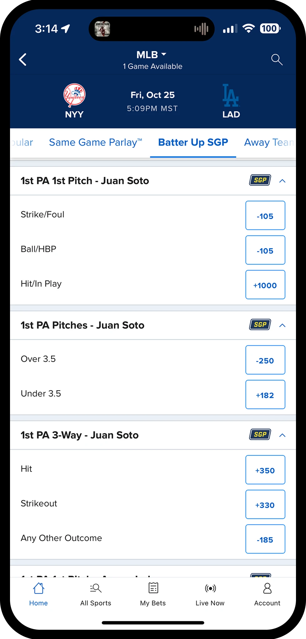 The previous MLB live event page experience