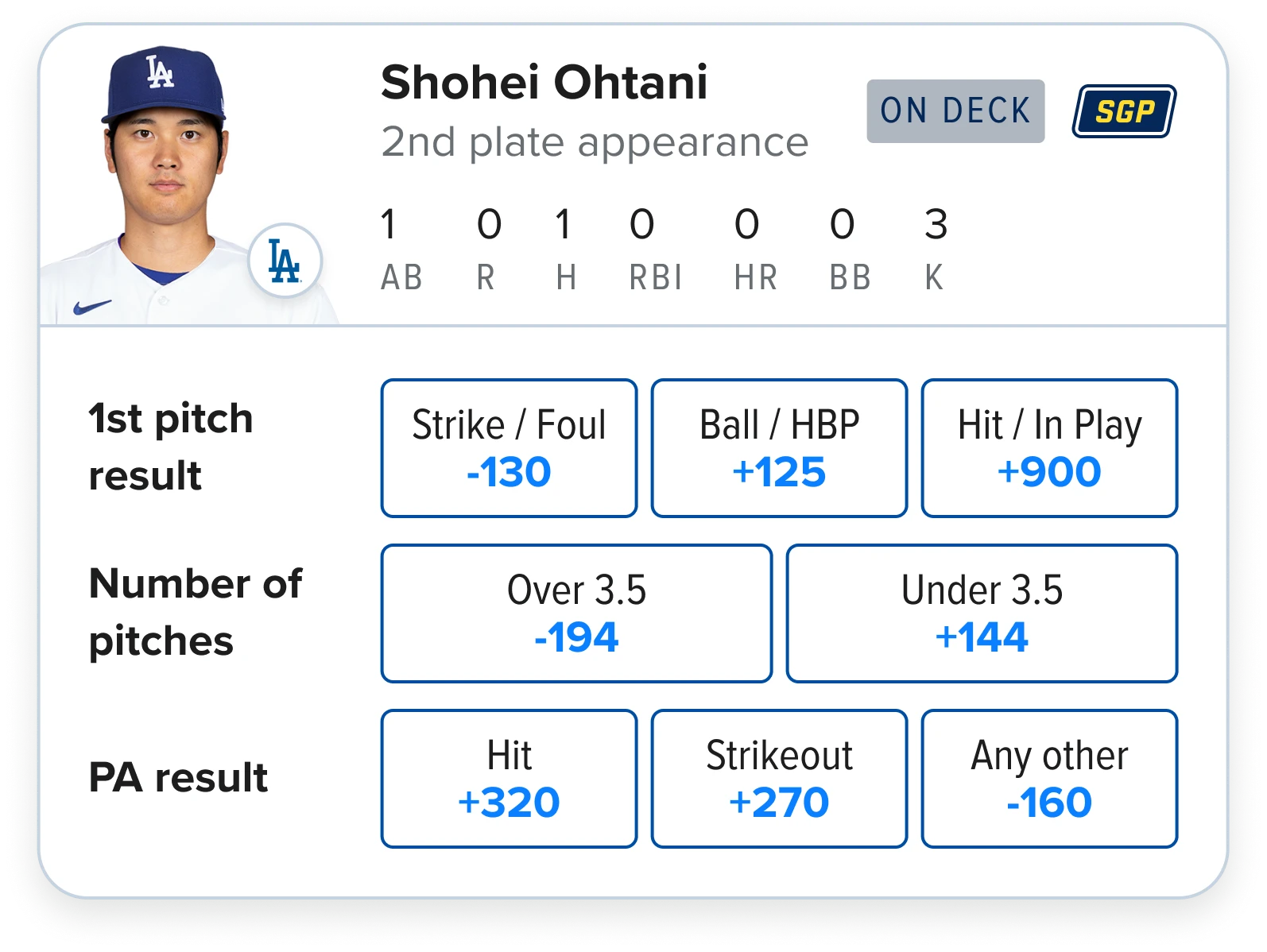 The launched Quick Bets module: batter markets grouped with inline stats