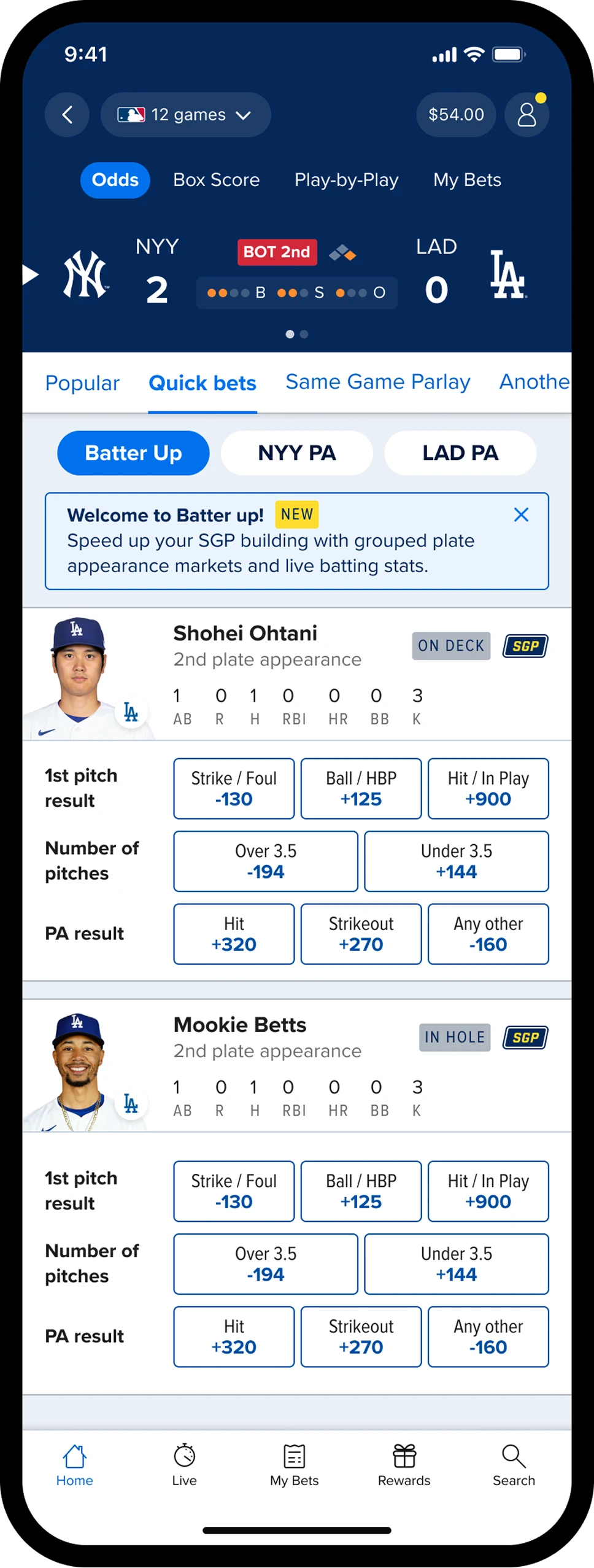 Round 2 prototype: renamed Quick bets tab with the redesigned stats header