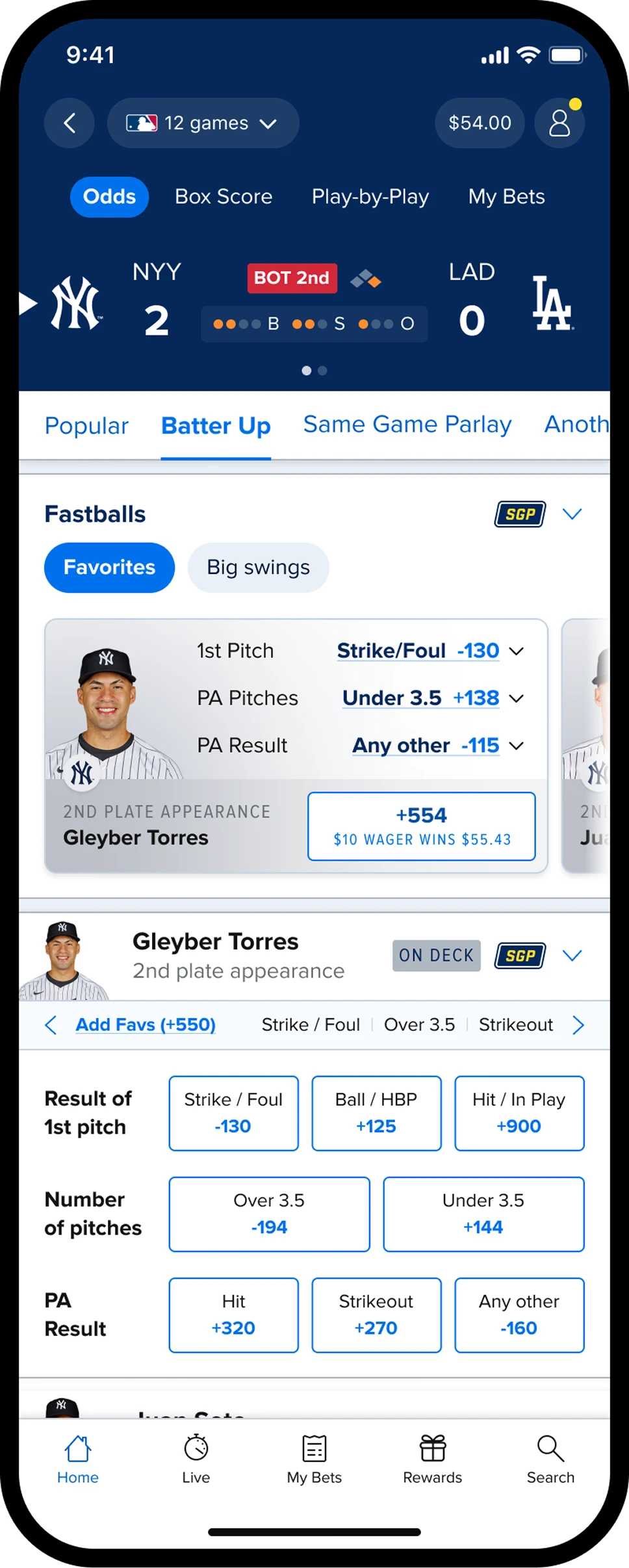 Round 1 prototype: the Fastballs quick parlay module on the Batter Up tab