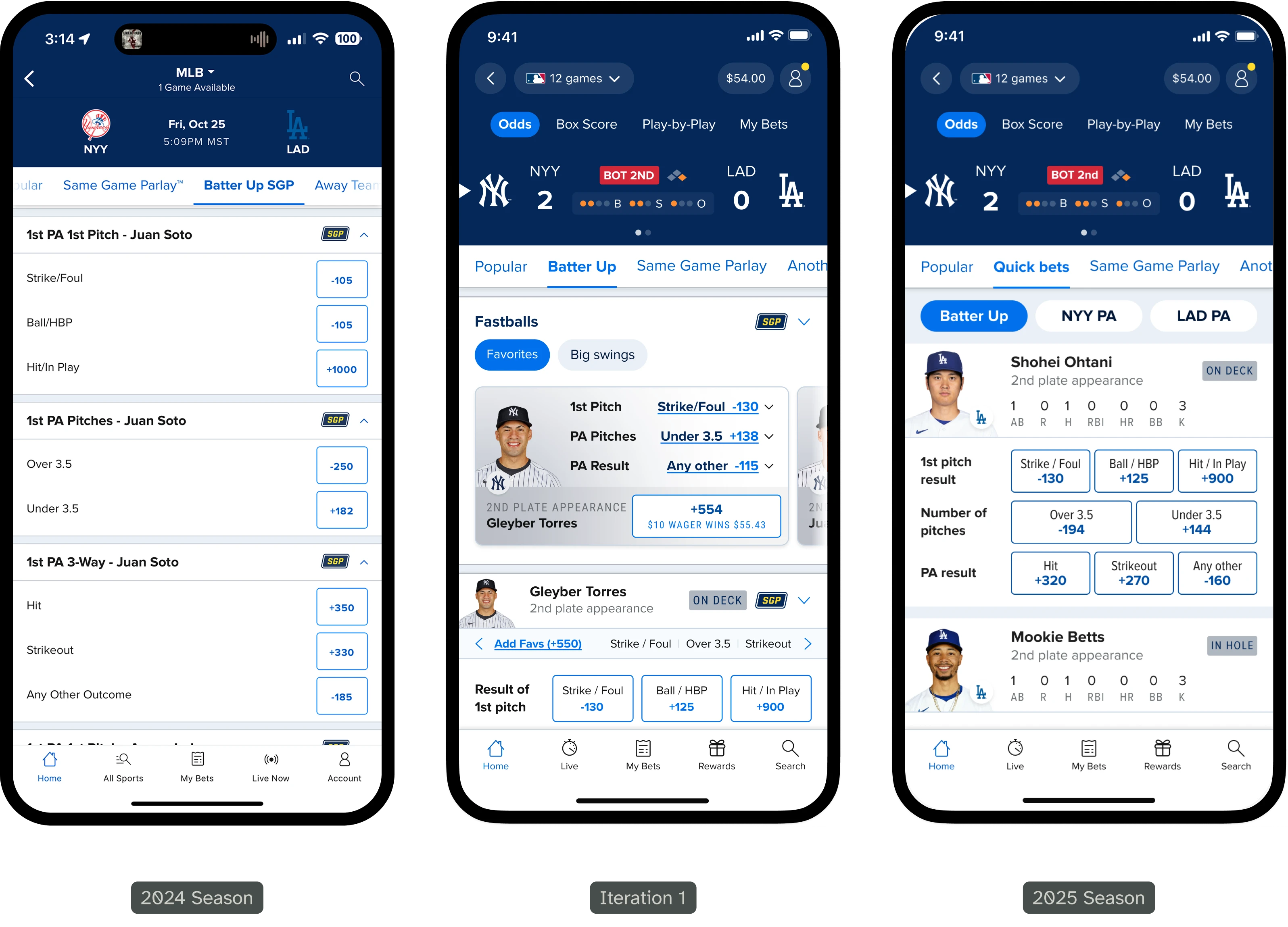 MLB quick bets interface iterations shown across live betting screens